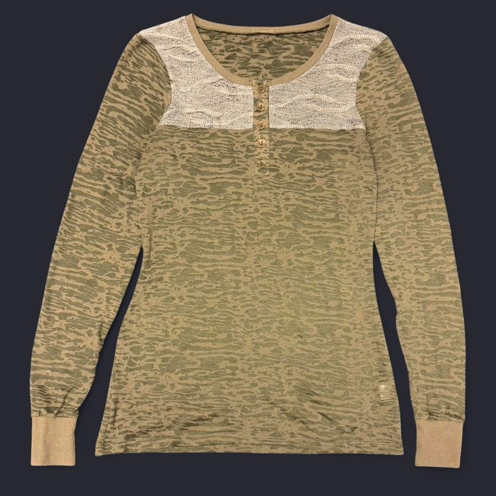 Y2K Leopard Print Henley Shirt Womens Large Green Khaki Long Sleeve Burnout Top